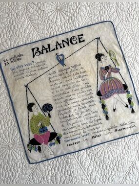Vintage 1960s French Zodiac LIBRA / BALANCE Novelty Handkerchief Blue